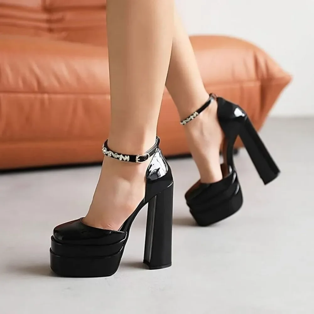 (36-4276) Women's Sexy Patent Leather Platform Chunky High Heels Sz 40 (9.5)